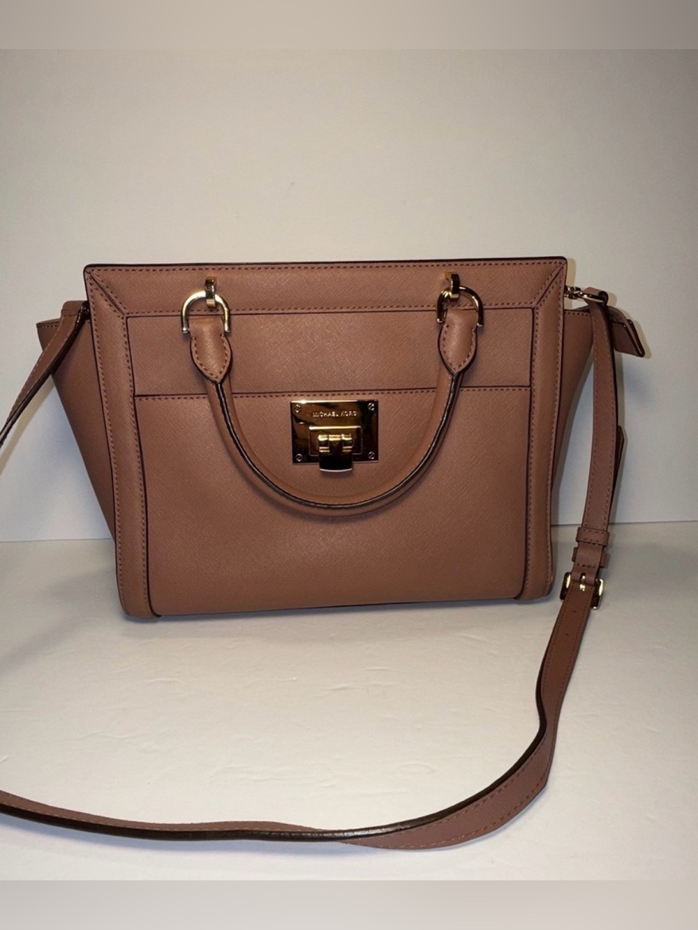 Michael Kors Taupe Saffiano Leather Satchel with Gold Hardware